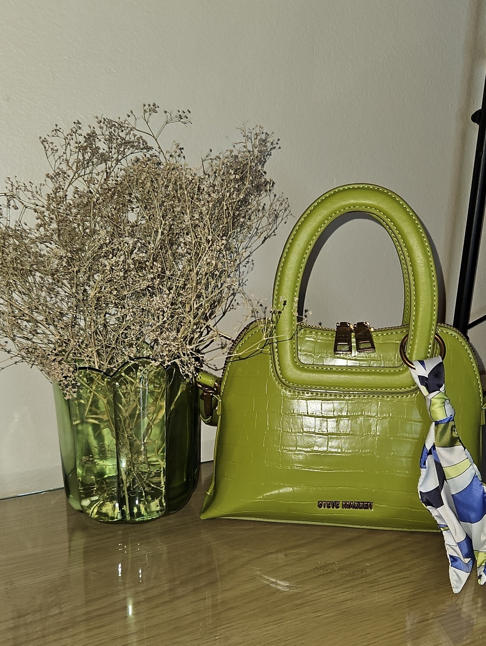 Steve Madden Lime Green Croc-Embossed Top Handle Mini Bag with Scarf Accent